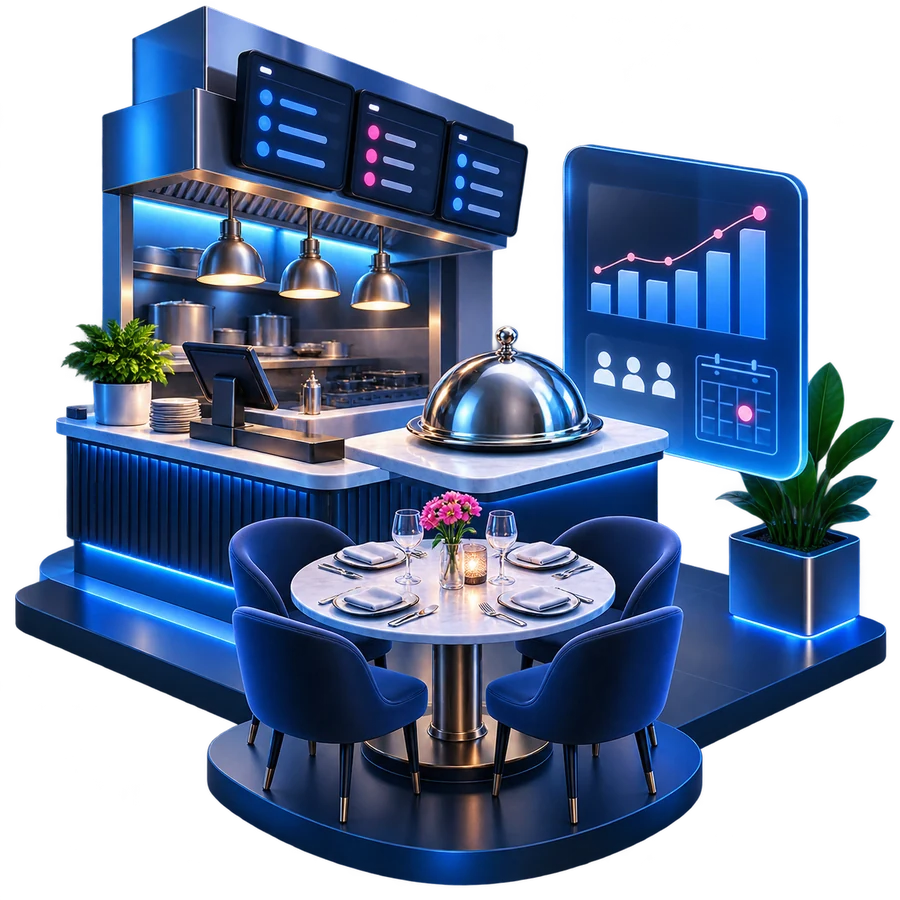 3D restaurant and hospitality operations scene
