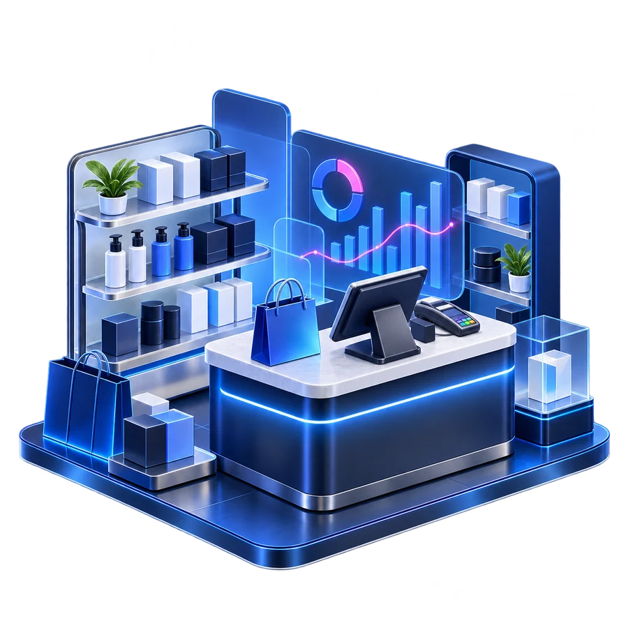 3D retail checkout and inventory scene