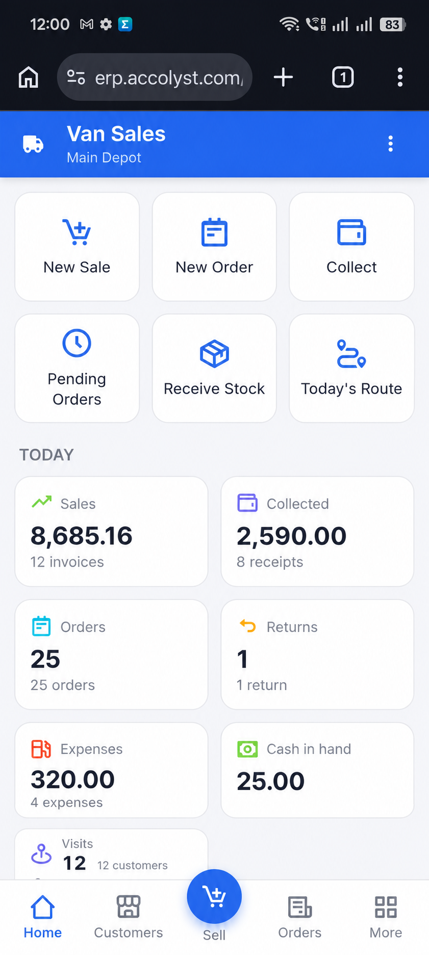 Accolyst X Van Sales mobile dashboard with sales, orders, collections, routes and stock actions